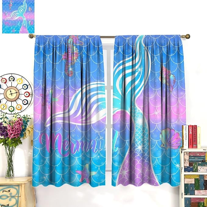 YCness Mermaid Curtains for Girls Bedroom Decor Rainbow Mermaid Tail Fish Scale Fantasy Ocean Theme Art Printed Blackout Window Drapes Fabric Set 2 Panel 52x84 Inch 80% Shading Rate