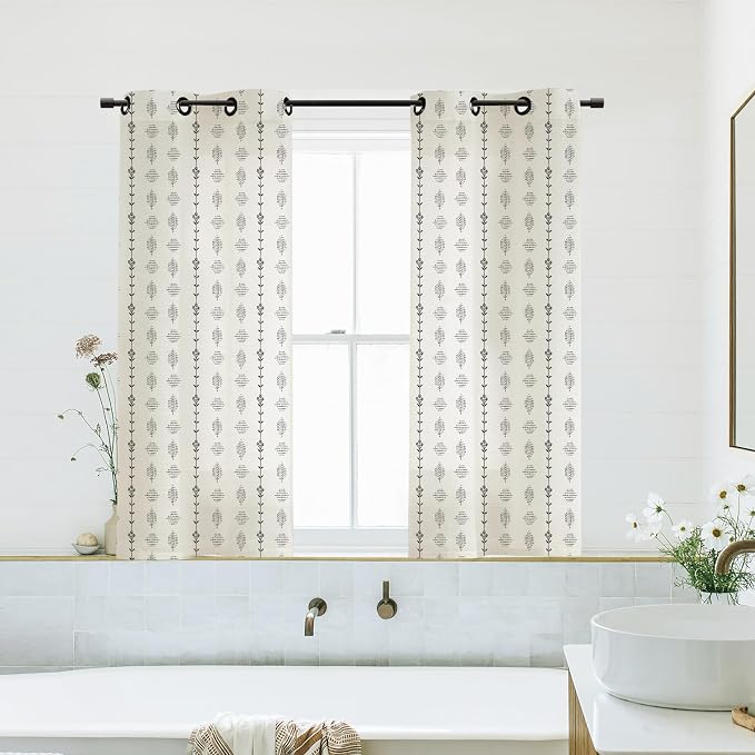 Lino Rosa Short Sheer Curtains 45 Inch Length Farmhouse Boho Linen Drapes for Kitchen Window Over Sink, Cortinas para Cocina, Black and Cream