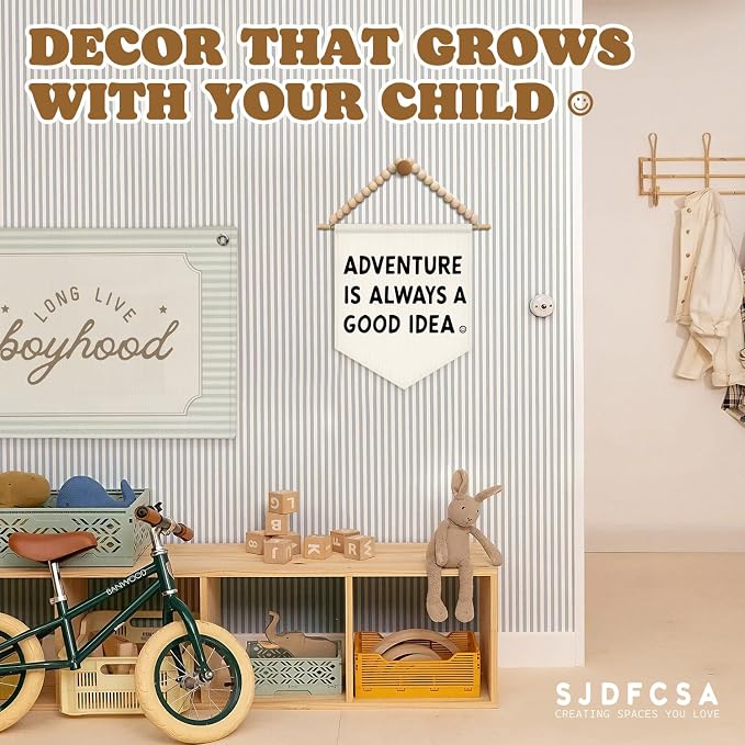 SJDFCSA Adventure Nursery Wall Art Decor, Kids Room Decor, Adventure Is Always a Good Idea Boho Wall Hanging Display Pennant Flag for Kids Boys Nursery Toddler Room Bedroom Playroom Classroom