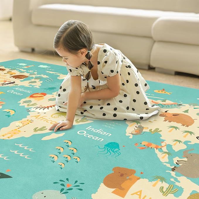 Hazo Haus Washable Large Kids Playroom Rug with Animal – 5x8 Educational World Map Area Rug for Kids Room – Non-Slip, Stain Resistant, Soft & Safe, Nursery, Classroom or Bedroom - Blue Ocean