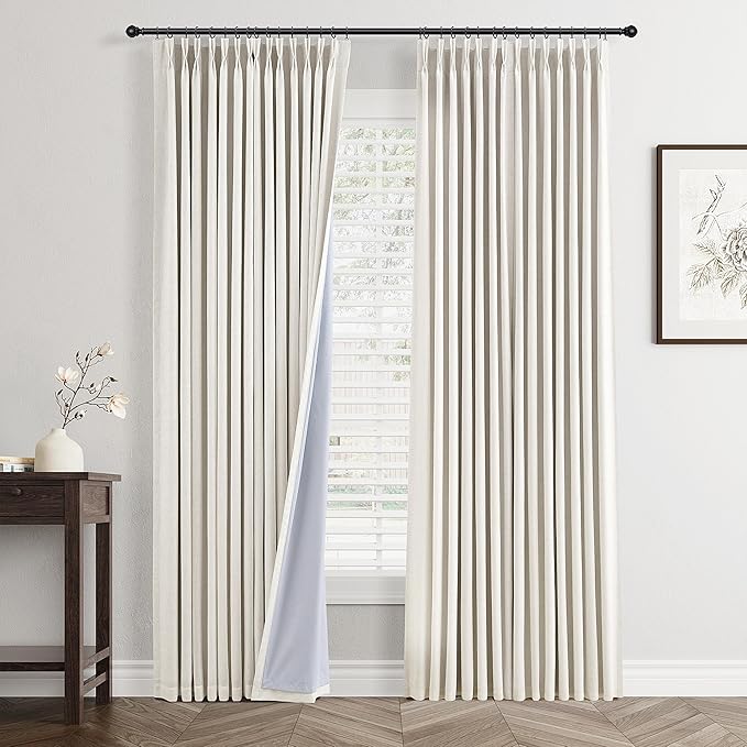 Natural Pinch Pleated Linen Blackout Curtains 84 Inch Length for Bedroom Living Room 2 Panels, Darkening Thermal Insulated Cream Beige Birch Neutral Pinch Pleat Back Tab Track System Drapes