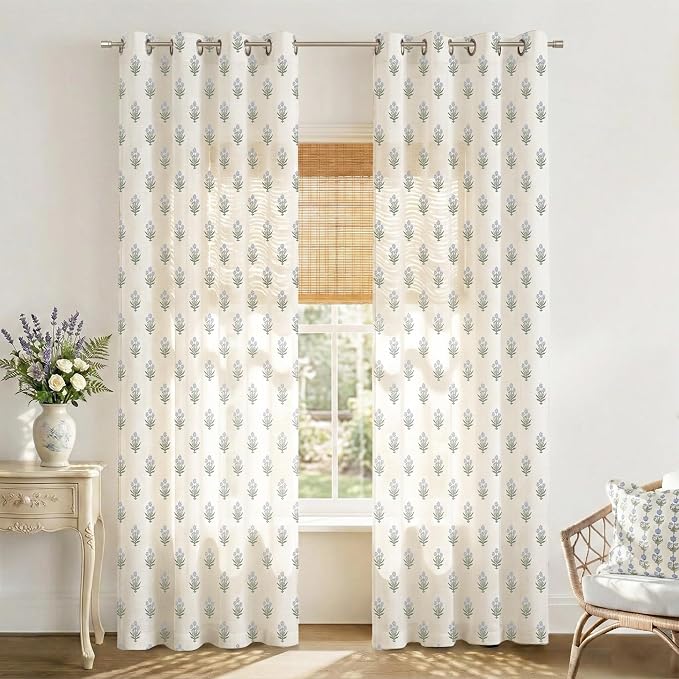 Blue and Green Vintage Floral Linen Farmhouse Curtains for Living Room, 84 Inch Spring French Country Light Filtering Semi Sheer Curtain, Decorative Flower Window Treatments Grommet Drapes for Bedroom