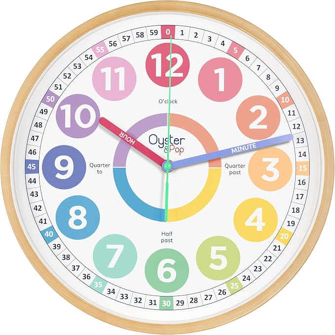 Oyster&Pop Kids Clock - Silent 14" Analog Learning Wall Clock - Award-Winning Telling Time Teaching Clock for Kids - Large for Classrooms Homeschool & Bedrooms - Includes eBook