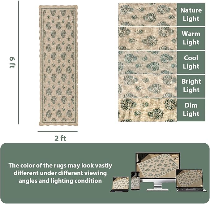 ORTIGIA Scalloped Easy Jute 2x6 Kitchen Runner Rug Vintage Green Floral Accent Farmhouse Washable Rug Non-Slip Outdoor Carpet for Entryway Indoor Hallway Patio Laundry Room