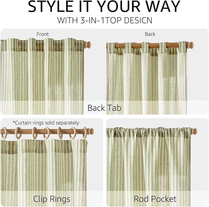 jinchan Linen Curtains 84 Inch Sage Green Stripe on Beige Back Tab 2 Panels | Curtains For Living Room Bedroom,Ticking Stripe, Farmhouse Cottage Core Rustic,Rod Pocket Window Treatment,Light Filtering