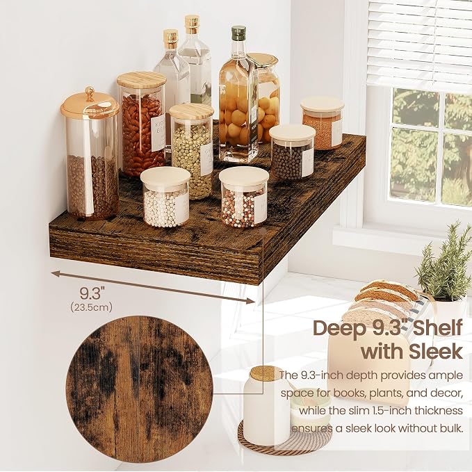 Vivelove Floating Shelves for Wall Mounted, 16 Inch Bathroom Shelves, Display Shelf for Living Room Kitchen Bedroom Office Farmhouse Home Decor, 16" X 9.3" X 1.5" - Set of 2, Rustic Brown