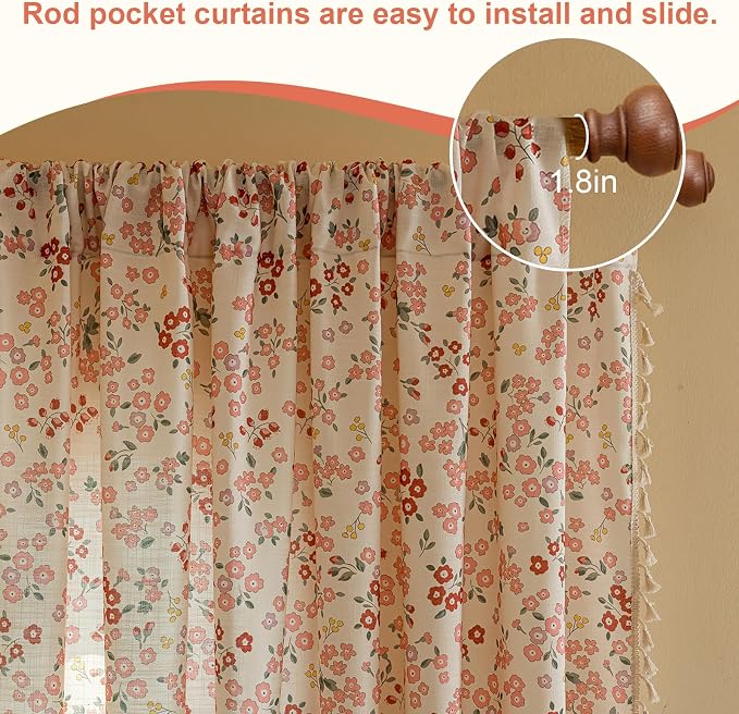 OYX Pink Boho Farmhouse Floral Curtains 63 Inch Long 2 Panels For Living Room, Flower Girl Bedroom Light Filtering Drapes, Vintage Country French Patterned Rod Pocket Aesthetic Decor Window Treatments