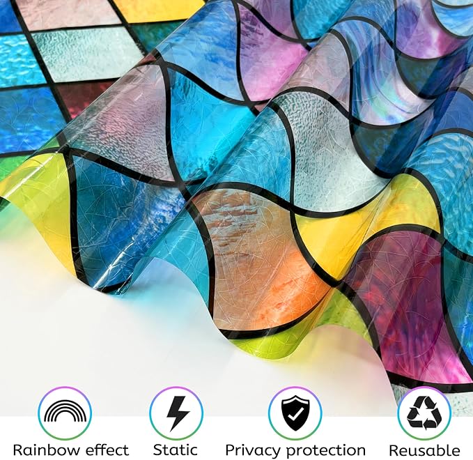 QHY Sunshine Colorful Rainbow Stained Glass Window Film Non-Adhesive Window Privacy Film Reusable Decorative for Room (Chequered Rainbow, 23.6 X 78.7 in)