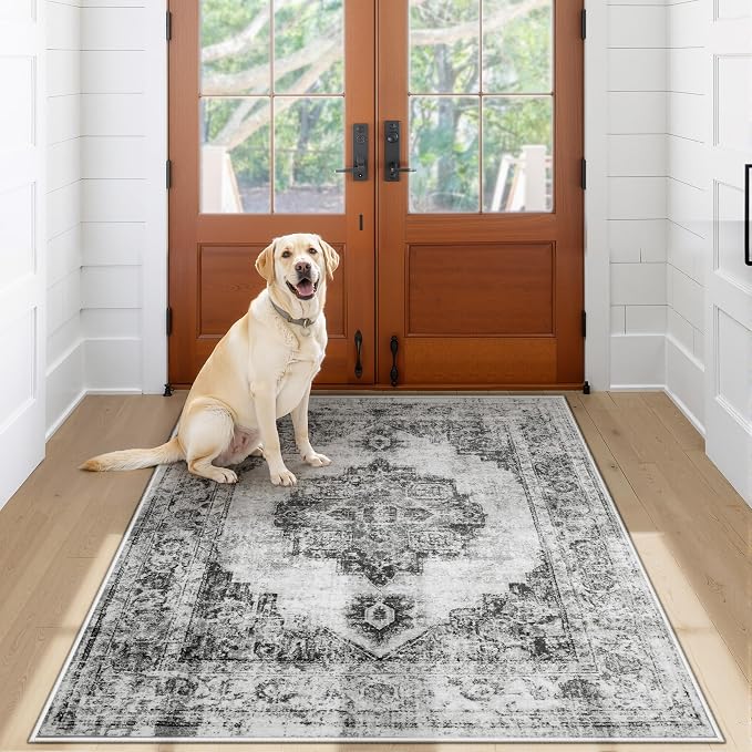 Area Rug 3x5 Vintage Rug: Washable Indoor Medallion Rug Low Pile Distressed Floor Carpet Retro Accent Doormat for Bedroom Bathroom Hallway Kitchen Home Office(Grey, 3'x5')
