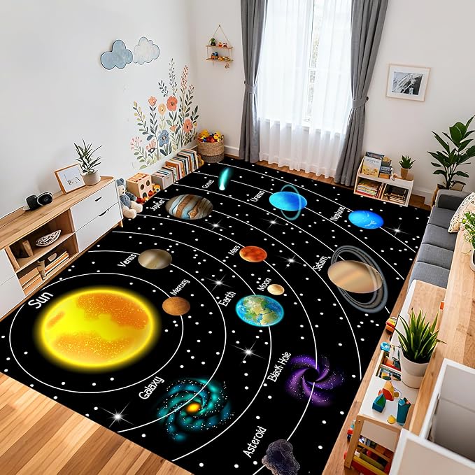 Space Rug for Boys Room - Outer Space Rug for Bedroom 6x8 Feet Solar System Planet Theme Carpet Decor for Kids Bedroom Playroom Classroom Decor