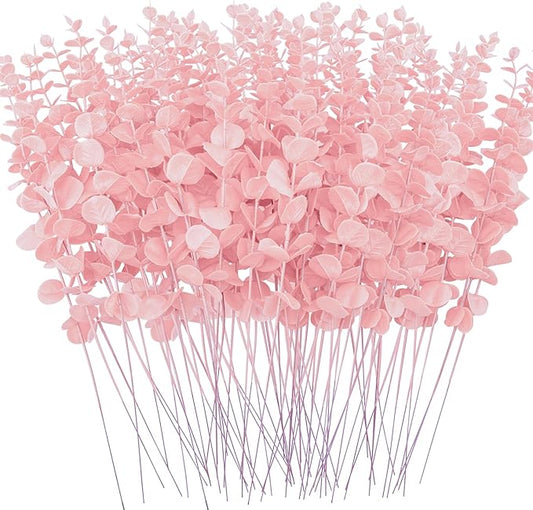 FEQO 72 Pcs Pink Eucalyptus Stems Artificial Leaves Faux Eucalyptus Stem Branches 15 inch for Wedding Bouquet Home Decor
