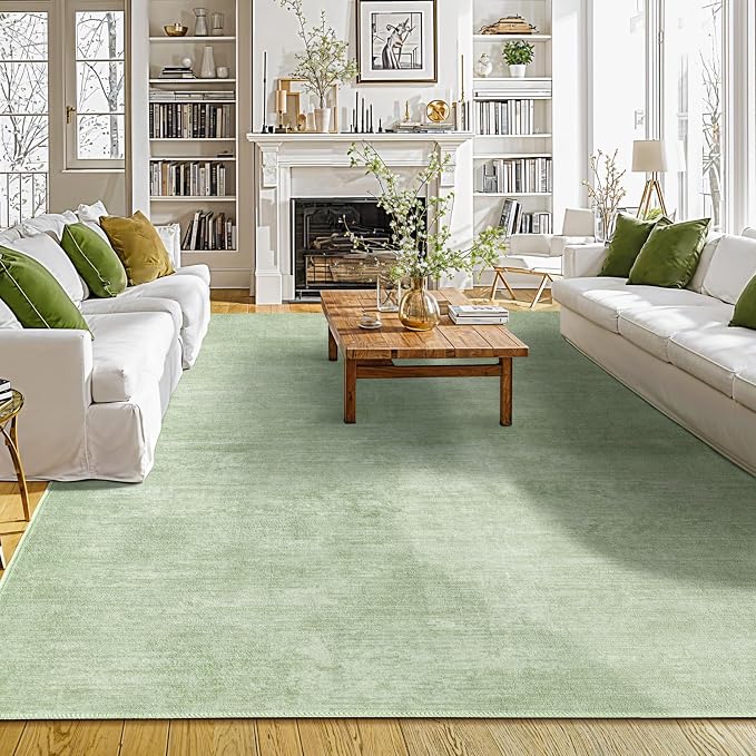9x12 Washable Area Rug, Green Solid Area Rugs for Living Room & Bedroom | Stain-resistant & Non-slip backing,Low Pile Washable Large Carpet, Solid Vintage Style For High Traffic Areas(9x12,Green)