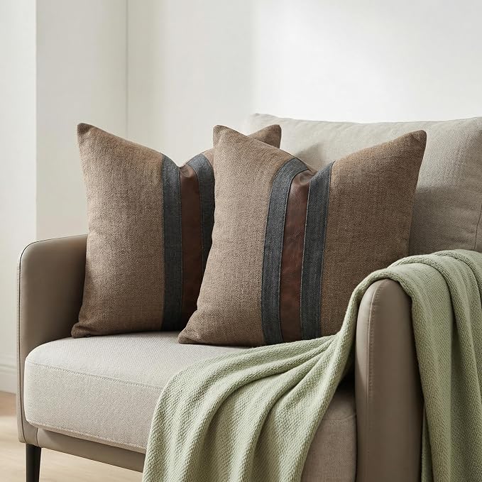 Set of 2 Leather Throw Pillow Covers Cotton Linen Decor Patchwork Pillow Cover Faux Leather Pillows Cover for Couch Sofa Living Room Bedroom,Coffee 16"x16"