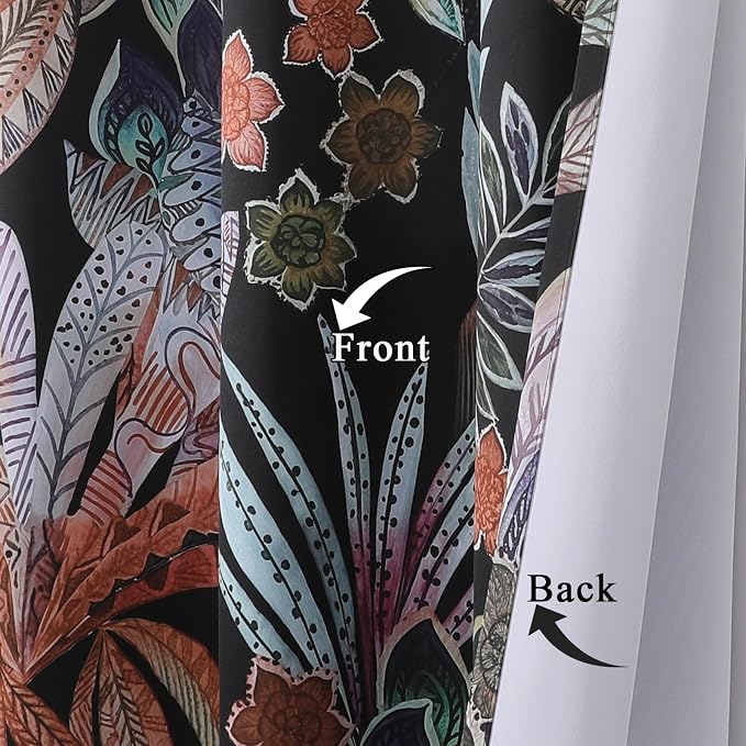 Estelar Textiler Black Boho Floral Leaves Patterned Blackout Curtains for Living Room,Room Darkening Thermal Insulated Energy Efficient Grommet Farmhouse Drapes for Bedroom,52Wx72L,2 Panels