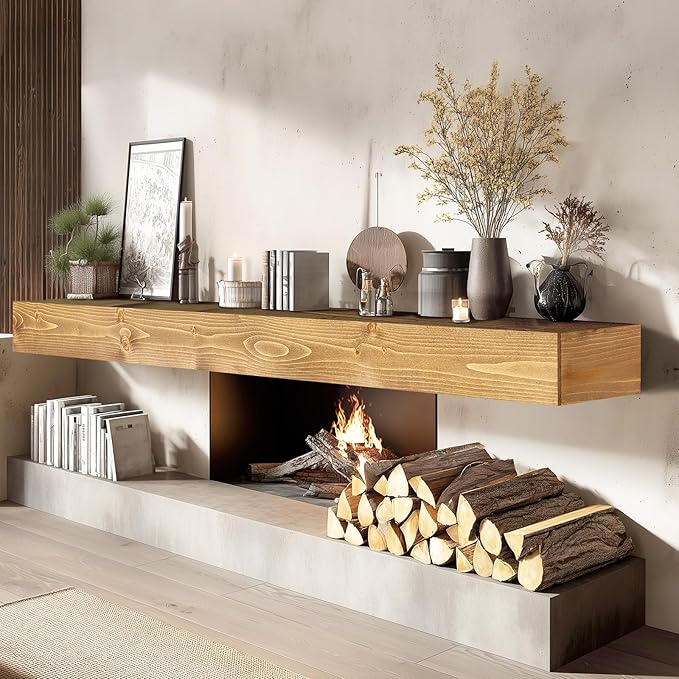 72x8x5 Fireplace Mantel - Handcrafted Rustic Solid Wood Wall Mounted Floating Shelf with Invisible Heavy Duty Wood Bracket (Natural)