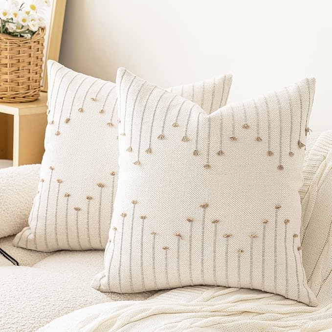 LILEPOY Boho Throw Pillow Covers 18x18 Set of 2 Neutral Decorative Textured Cushion Case Farmhouse Pillowcase Modern Square Pillow Covers for Sofa,Couch, Living Room,Beige and Khaki