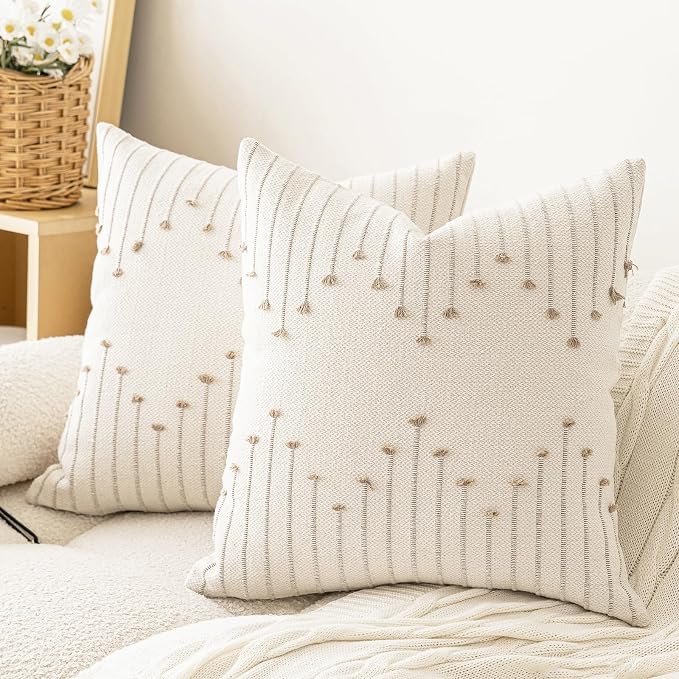 LILEPOY Boho Throw Pillow Covers 20x20 Set of 2 Neutral Decorative Textured Cushion Case Farmhouse Pillowcase Modern Square Pillow Covers for Sofa,Couch, Living Room,Beige and Khaki