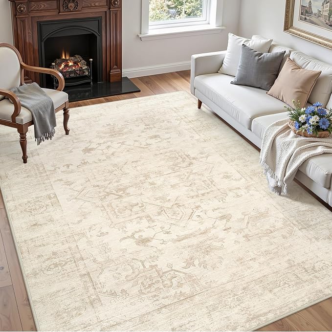 4x6 Area Rugs for Living Room: Vintage Boho Neutral Washable Rug Indoor Soft Large Area Rug Carpet for Bedroom Nursery Farmhouse Dining Room Office Floor Non-Slip Low Pile Under Table Rug Beige/Brown