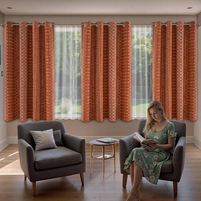 ColorBird 100% Blackout Boho Heat Sun Blocking Curtains & Drapes Bedroom Burnt Orange Patterned Decorative Thermal Curtains 63 Inch for Living Dining Rustic Western Room Decor