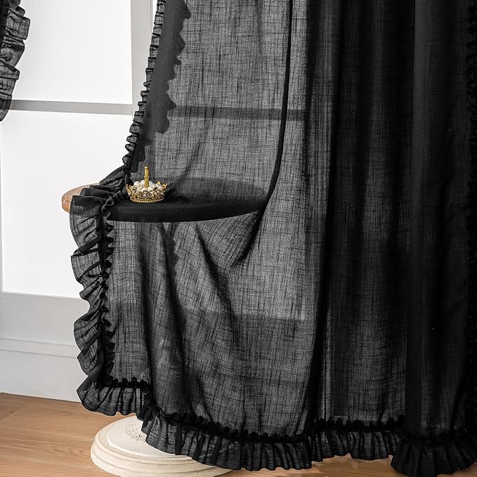 TERLYTEX Black Linen Curtains 96 Inches Long 2 Panels, 58 x 96 Inch, Farmhouse Ruffled Curtains for Living Room Rod Pocket Privacy Light Filtering Semi Sheer Cottagecore Flowy Ruffle Window Drapes