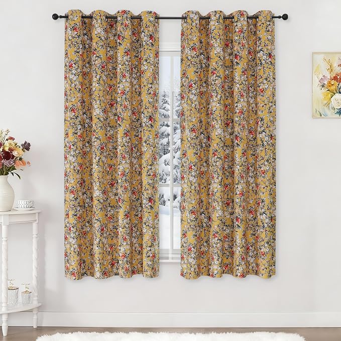 Estelar Textiler Mustard Yellow Velvet Blackout Curtains 63 Inches Long, Vintage Floral Pattern Grommet Drapes for Bedroom, Energy Saving Window Treatment Curtains for Living Room, 52Wx63L, 2 Panels