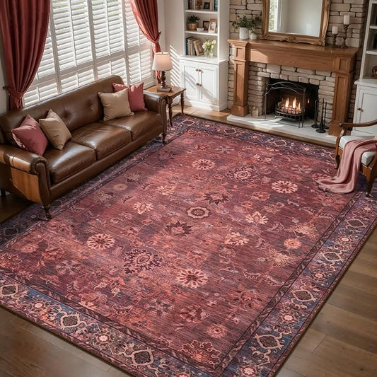 Tangsoo 5x7 Area Rugs for Living Room Non Slip, Washable Vintage Rust Red Floral Rug for Bedroom Laundry Office, Soft Low Pile Boho Oriental Area Rugs Large Indoor Carpet for Farmhouse Dinning Room