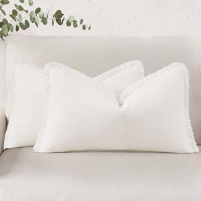 decorUhome Linen Fringe Lumbar Throw Pillow Covers Set of 2 Decorative Cream White Pillow Covers with Tassels Soft Accent Boho Farmhouse Pillow Cases for Couch Bed Sofa 12x20 Inch