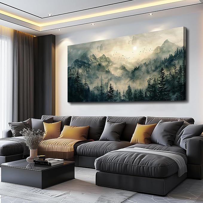 FUHAIHUA Large Framed Wall Decor For Living Room Canvas Wall Art For Office Farmhouse Wall Decorations For Bedroom Forest Fog Landscape Paintings Modern Pictures Artwork Room Home Decor 24x48 In