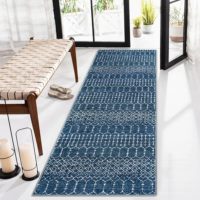 Lahome Moroccan Extra Long Runner Rugs for Hallways, 2.5x12 Rug Runner Washable Ultra-Thin Carpet Non Slip, Faux Wool Soft Modern Floor Print Mat for Entryway Stair (Blue, 2'5''x12') Hana