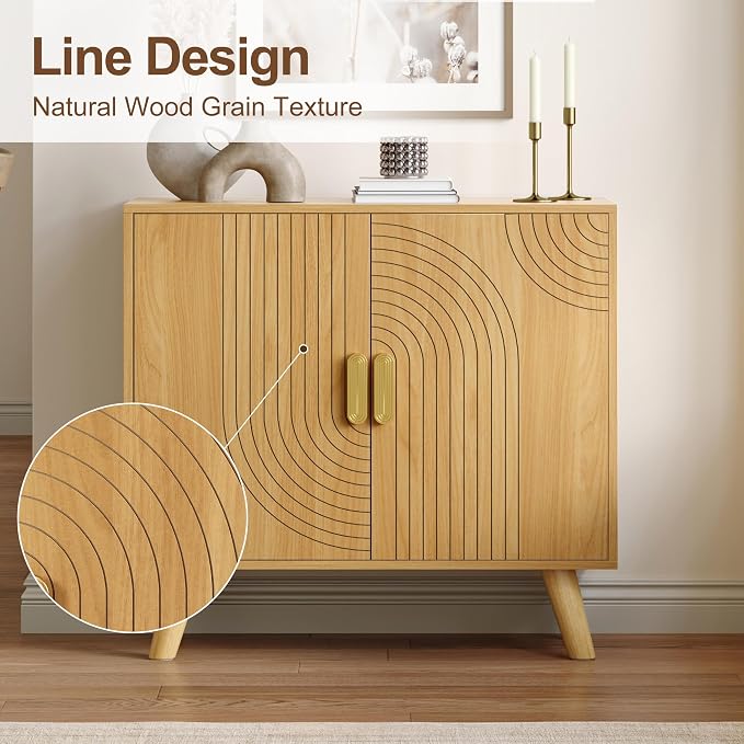 Sideboard Buffet Cabinet with Storage, Line-Grooved Storage Cabinet, Oak | Accent Cabinet with Doors and Adjustable Shelf for Kitchen Dining Living Room Hallway‌ Entryway