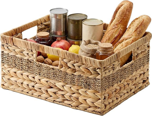 StorageWorks Jumbo Rectangular Wicker Basket, Water Hyacinth and Seagrass Storage Basket with Built-in Handles, 1 Pack