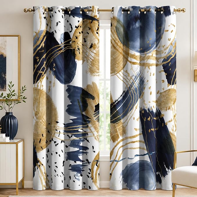 Abstract Blue Gold Blackout Curtain, Boho Aesthetic Modern Window Curtains Living Room Bedroom Decor Thermal Curtain Darkening Grommet Window Drapes Treatments, 2 Panels 52x84 Inch