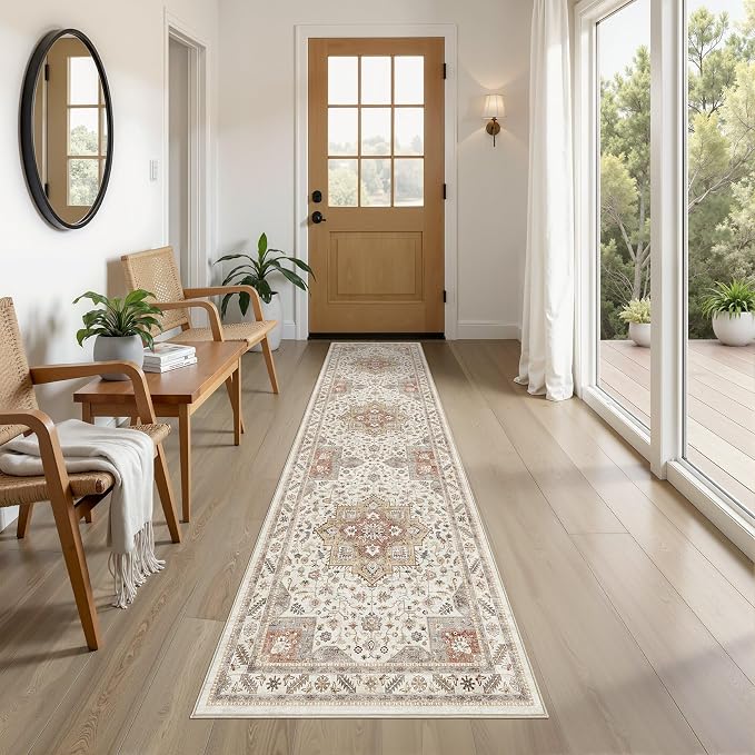 Vintage Hallway Runner Rug 2x8: Large Soft Washable Entryway for Kitchen Laundry Room Non-Slip Backing Runner for Entrance Living Room Bedroom Bathroom - Orange