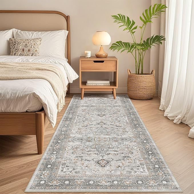 Runner Rug Kitchen Washable Rugs: 3x8 Non-Slip Boho Soft Vintage Stain Resistant Indoor Floor Neutral Farmhouse Throw Carpet for Hallway Bathroom Laundry Room Entryway Bedroom- Taupe