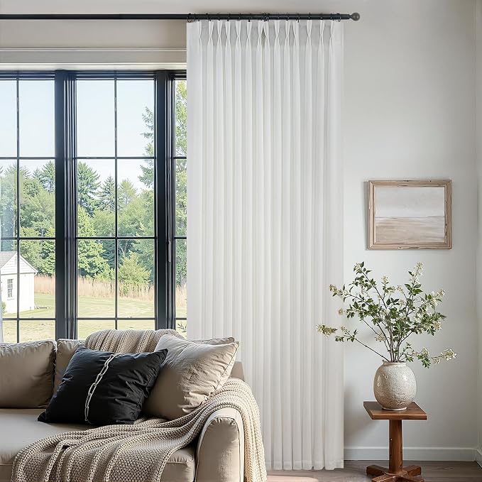 Beige White Thick Linen Sheer Curtains 84 Inches Long for Bedroom,Neutral Modern Window Pinch Pleat Living Room Curtain for Sliding Glass Doors Light Filtering with Hooks 40" x 84"x 2Panels