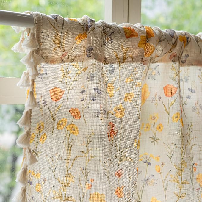 Deeprove Boho Valance 18 Inch Long for Windows Cafe Kitchen Modern Watercolor Botanical Gold Yellow Florals Print Curtain with Fringe Small Short Treatment for Fall Decorative 1 Panel 52W x 18L