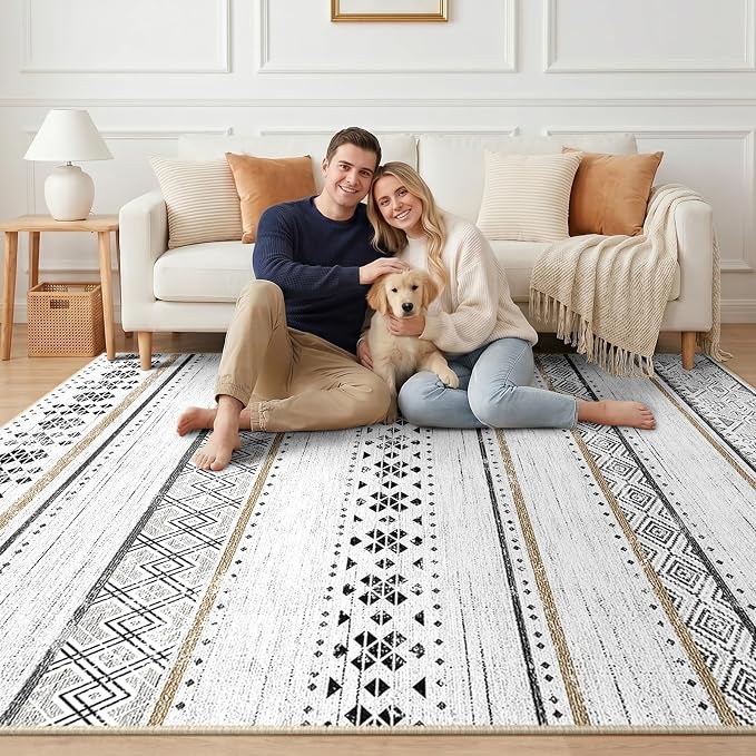 BESTSWEETIE 9x12 Area Rugs for Living Room Washable Moroccan Farmhouse Neutral Geometric Low Pile Non-Slip Soft Print Pattern Rug for Bedroom Kitchen Dining Room Entryway Black/Brown