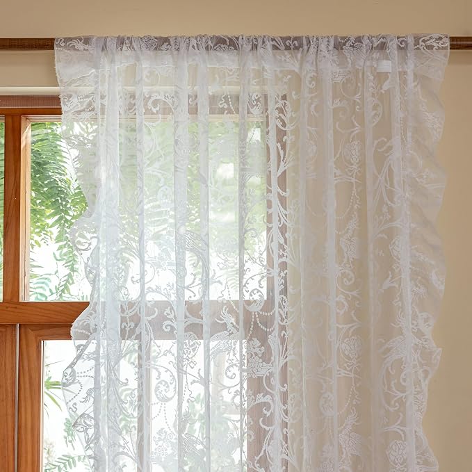 TUDECO White Lace Curtains 63 Inch Length - Victorian Sheer Voile Floral Curtains for Bedroom Nursery Elegant Ruffle Privacy Light Filtering 2 Panels Rod Pocket Window Decor, 59 x 63 Inch
