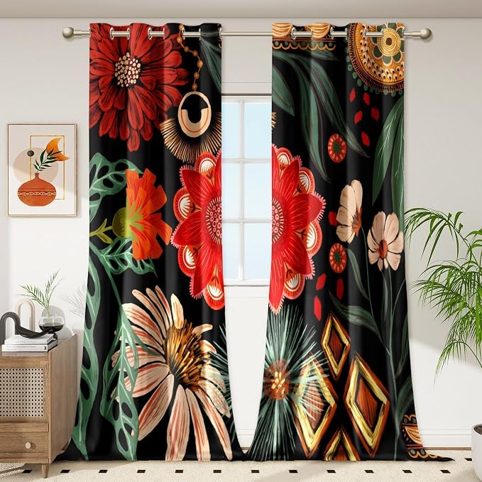 Tyrot 100% Blackout Black Boho Floral Curtains 108 Inch Extra Long for Living Room Mid Century Botanical Black Out Curtains Room Darkening Grommet Top Thermal Insulated Window Drapes 2 Panels,52Wx108L