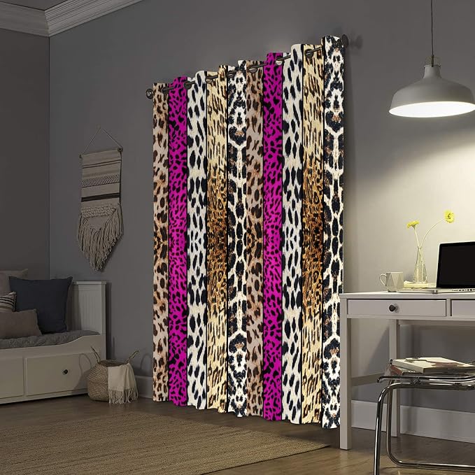 Wild Animal Print Curtain, Room Darkening Thermal Insulated Blackout Leopard Boa Window Drapes with Grommets for Living, Dining, Bedroom, Hot Pink Leopard Print, 52"x 84", 2 Panels