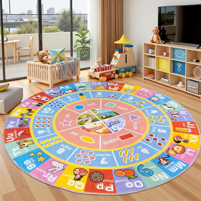 Kids Rugs for Playroom - Soft & Non-Slip 4x4 Feet Round Educational Rug for Learning ABC Alphabet, Numbers, Shapes & Map, Washable Classroom Rug for Bedroom Nursery & Kids Room Decor