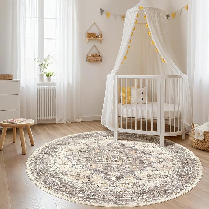 Round Rug Living Room Rugs: 6Ft Washable Boho Neutral Large Circle Soft Indoor Floral Stain Resistant Floor Farmhouse Carpet for Bedroom Nursery Kids Playroom Office Dining Room Dorm Home- Beige Brown