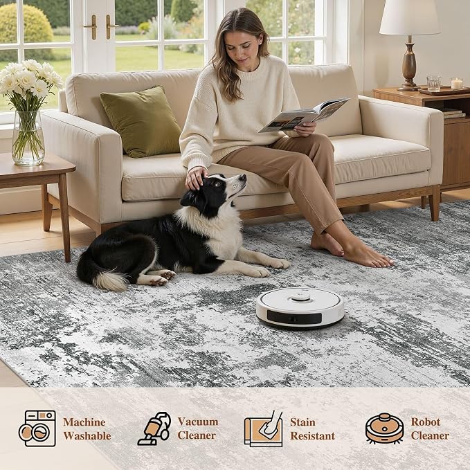 UERMEI 8x10 Area Rug for Living Room - Washable Neutral Modern Abstract Carpet, Non-Slip Soft Large Indoor Floor Rugs for Bedroom Home Office & Under Dining Table Decor, Grey Black