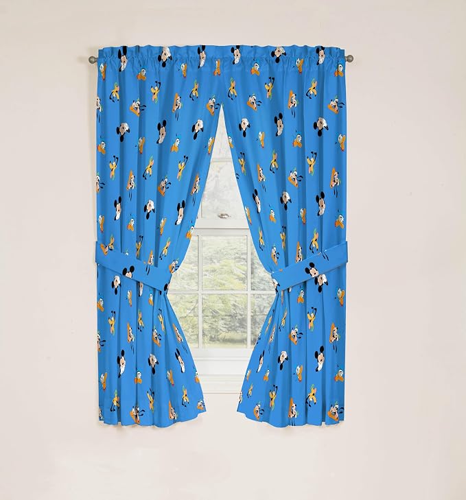 Jay Franco Window Curtains for Kids Bedroom 4-Piece Drape Set with 2 Tiebacks, Blue - Mickey Mouse, 42" W x 63" L (Pack of 2)