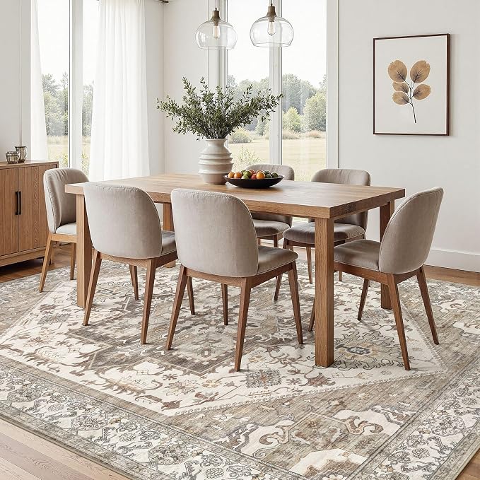 8x10 Area Rug for Living Room- Machine Washable Soft Oriental Vintage Large Indoor Floor Carpet for Bedroom Under Dining Table Home Office Decor - Beige Brown