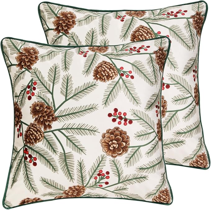 ISAENNE French Chrismas Velvet Throw Pillow Cover,Set of 2,18"x18"-Carol B | Vintage Square Pillow Cover,Concealed Zipper Design,Pinecones Pattern,Sofas,Bedroom,Living Room,Lounge Chairs,Decor