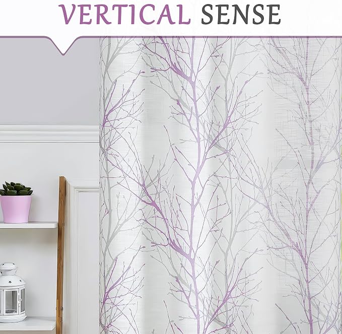 FMFUNCTEX Linen Semi Sheer Curtains for Bedroom, Lilac White Curtains 84 Inches Long for Living Room, Grey Tree Branch Patterned Curtain Light Filtering Farmhouse Window Drapes, Grommet Top 2 Panels