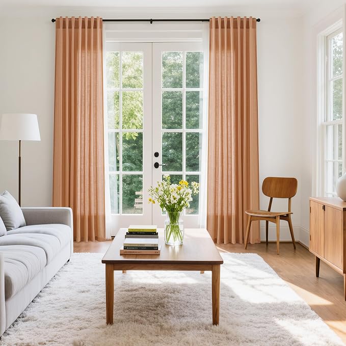 Nanspring Peach Quartz Curtains 90 Inches Long 2 Panel Set Back Tab Rod Pocket Linen Blend Bohemian Semi Sheer Light Filtering Neutral Decor for Relaxing Bedroom and Charming Living Room 52x90
