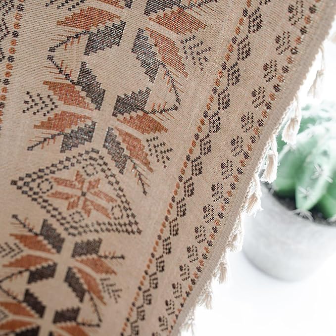 Boho Curtains 96 Inch Length 2 Panels Geometric Patterned Drapes Bohemian Semi Sheer Rod Pocket Tassel Window Curtain Panels for Bedroom Living Room Farmhouse Coffee Brown Vintage Rustic Curtains