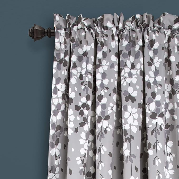 Lush Decor Weeping Flower Light Filtering Window Curtain Panels, Pair, 52"W x 84"L + 2" Header, Gray - Charming Modern Floral Curtains for Living Room, Dining Room, & Bedroom